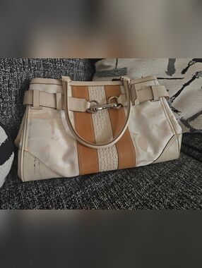 Coach Cream and Tan Signature Stripe Shoulder Bag